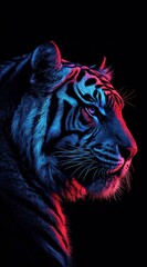 Obraz premium A majestic tiger's profile, illuminated with vibrant red and blue neon lights against black