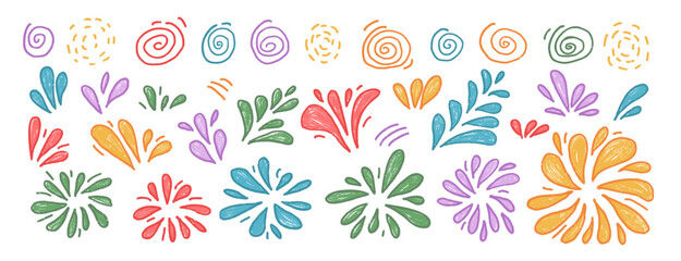 Fireworks set crayons drawn. Multicolored firecrackers and sprinkles in doodle style on white background. Vector carnival decoration.