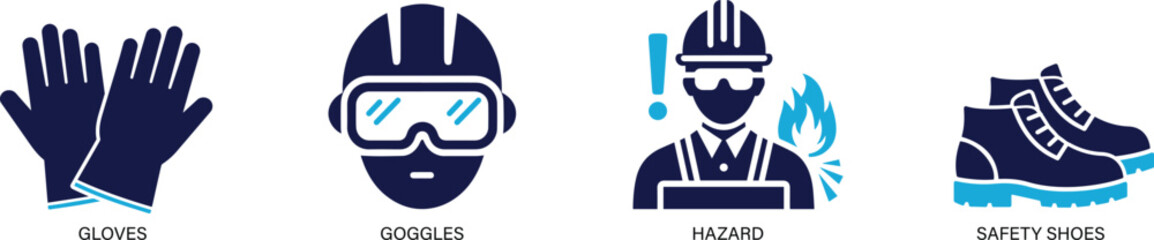 Flat vector icons for workplace safety, protection equipment, and hazard prevention.