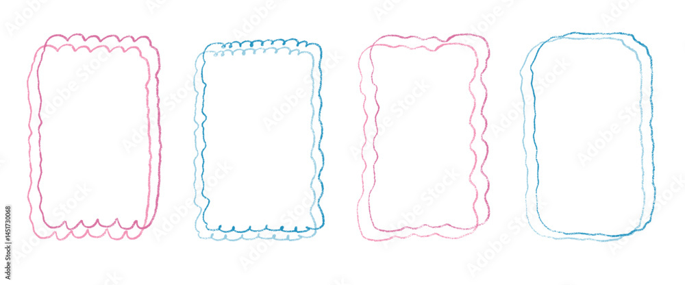 Poster scallop thin double hand drawn frames set. wavy rectangle borders by crayon isolated on white backgr