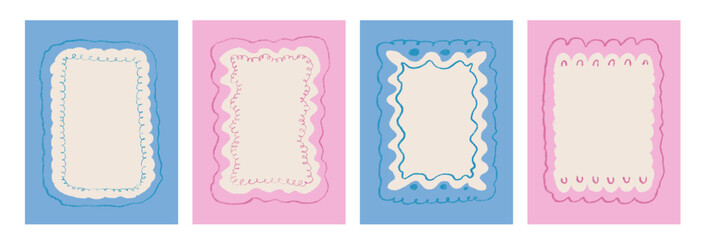 Scallop text boxes frames pencil hand drawn set. Wavy groovy rectangle pictures borders by crayon background. Wobbly y2k decorative callouts elements. Vector retro doodle blank illustration.