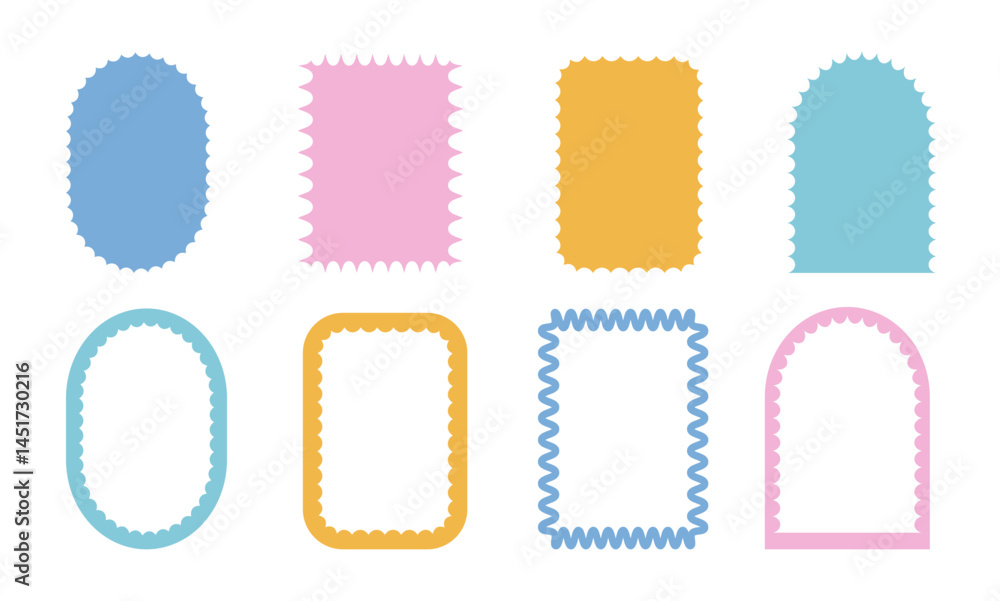 Poster geometric scallop text boxes frames set. wavy groovy arch, rectangle and oval borders isolated on wh