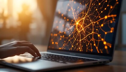 Visualizing data networks on a laptop screen with a user interacting with the keyboard