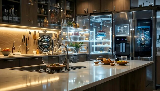 Advanced smart kitchen appliances marble countertop, concept type 