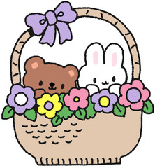 곰돌이와 토끼가 담긴 꽃바구니 캐릭터 일러스트