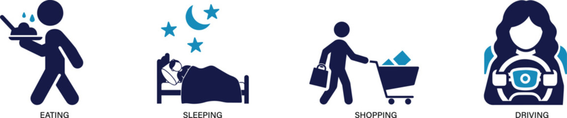 Flat vector icons representing various human actions, movements, and daily activities.
