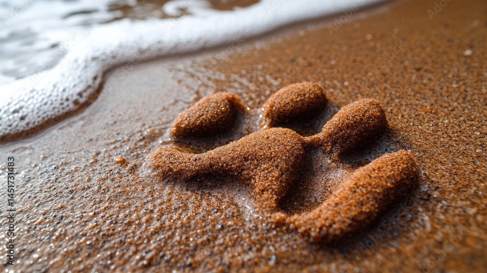 Poster paw print in wet sand at the beach with gentle waves lapping in the background