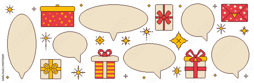 Poster pixel art speech bubbles and giftboxes set. 8 bit retro callouts with birthday presents and sparkles