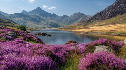 Scenic landscape with mountains, lake, and vibrant purple heather flowers