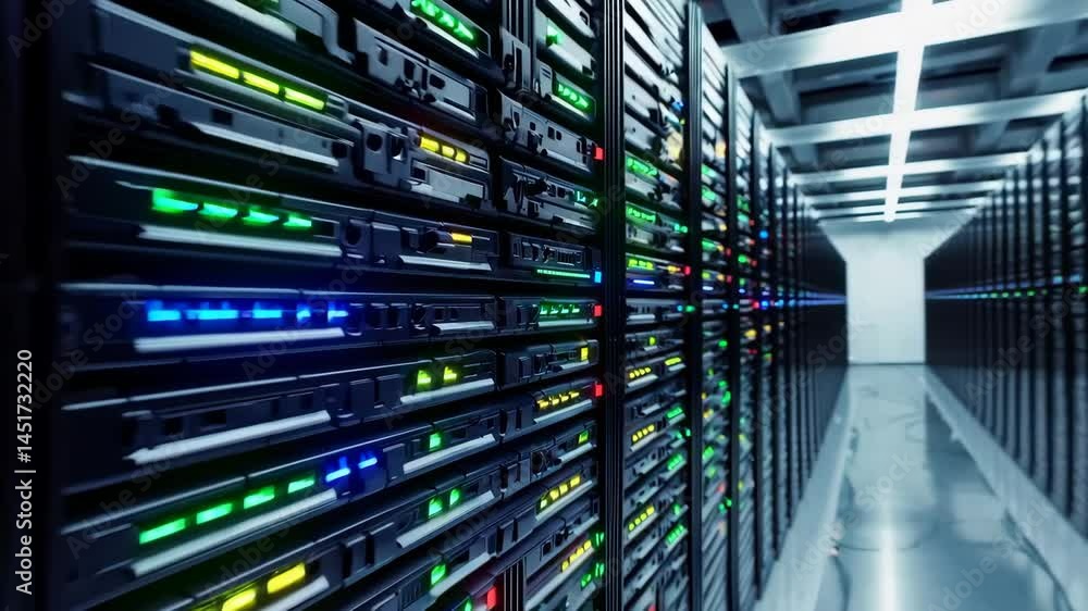 Poster futuristic data center with vibrant led lights and endless rows of advanced servers