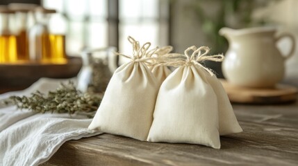 Natural fabric pouches on a wooden table