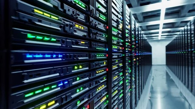 Futuristic data center with vibrant led lights and endless rows of advanced servers