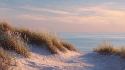 Serene beach landscape with sand dunes and golden grasses at sunset