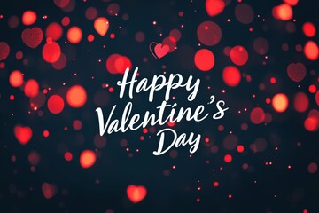 A Valentines Day card with hearts and lights on a dark background