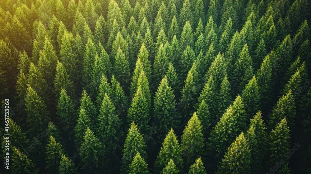 Poster aerial view of a dense evergreen forest with sunlight dappling through the canopy. use for environme