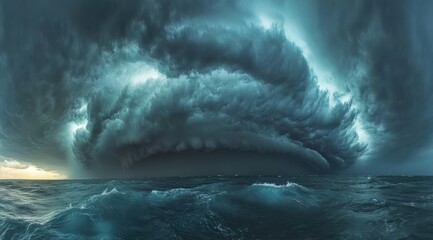 A dark and stormy sky looms ominously above a vast body of water