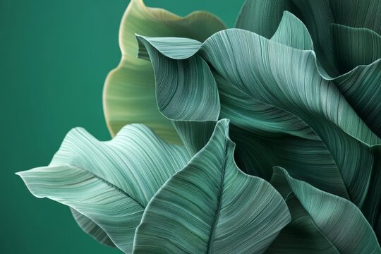Close-up view of textured tropical leaves against a deep teal backdrop.