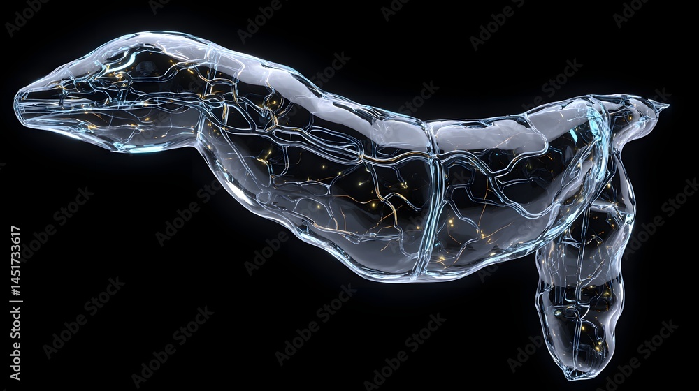 Poster a highly detailed realistic 3d render of a pancreas form made entirely from clear transparent glass,