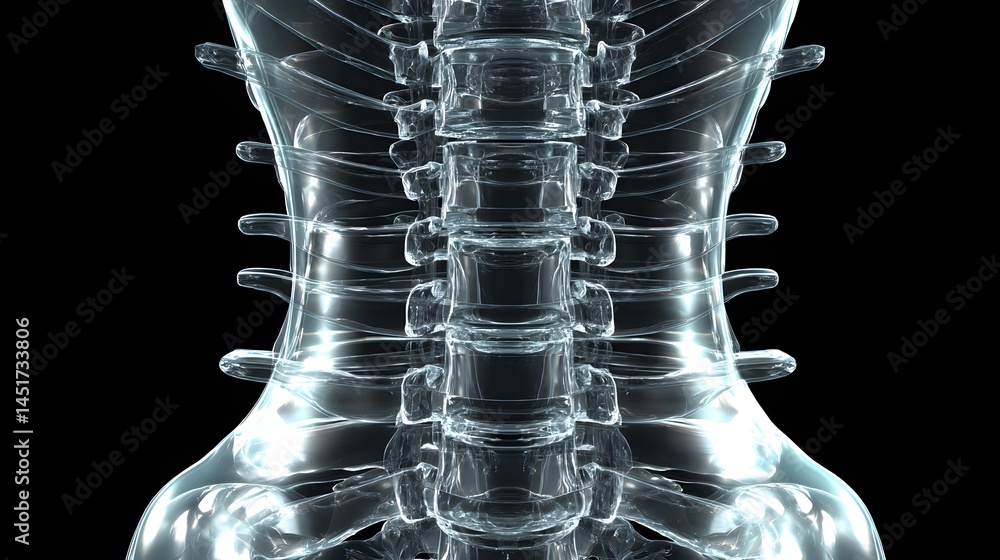 Poster a highly detailed realistic 3d render of a complete vertebral column made entirely from clear transp