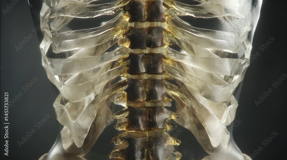 Poster a highly detailed realistic 3d render of a complete vertebral column made entirely from clear transp