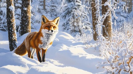 Fototapeta premium A red fox is illustrated amidst a snowy forest, featuring its striking red fur against the pristine white snow and tall, frosted trees.