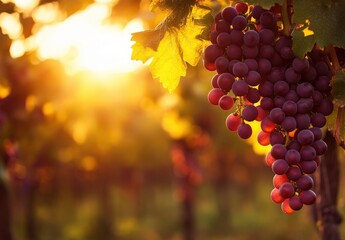 A beautiful bunch of ripe grapes is hanging from a vine in a vineyard at sunset