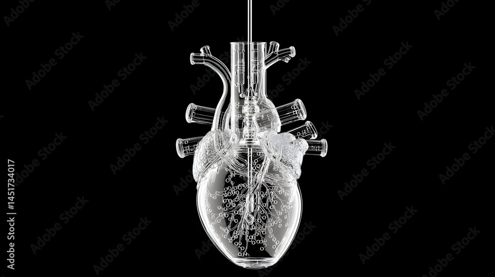 Poster a highly detailed realistic 3d render of a human heart structure made entirely from clear transparen