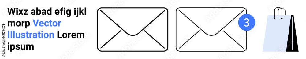 Poster two envelope icons, one with a notification badge, paired with a shopping bag. ideal for email commu