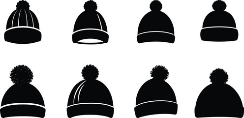 Bobble hat vector silhouette set – 8 cozy knit designs, EPS JPEG PNG