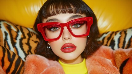 Fashionable female red chunky glasses, bold makeup, lipstick, funky oversized jacket, background, closeup face,