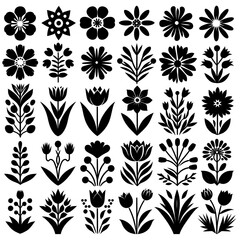 Collection of Black and White Stylized Floral Silhouettes