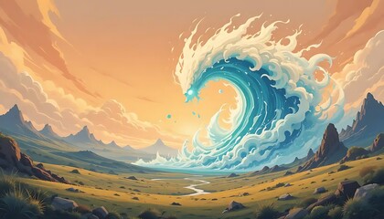 Enchanting illustration of a water surge within a vibrant landscape scenery
