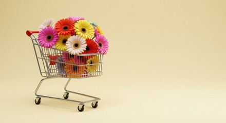 Shopping cart filled with colorful gerbera flowers against a light yellow background.