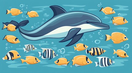 Obraz premium Dolphin swims with colorful fish.