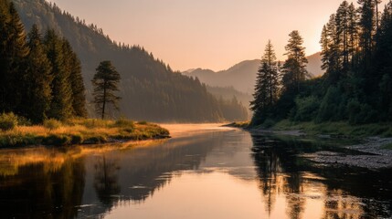 Serene river landscape at sunrise with mist and forest reflections