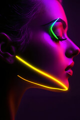 female figure outlined in neon light, electric bold palette and dark background