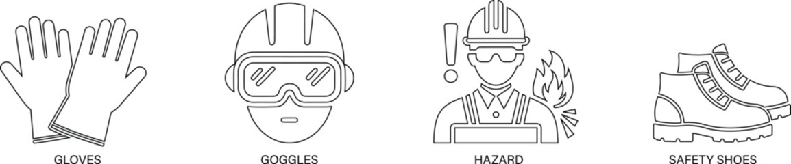 Flat vector line icons for workplace safety, protection equipment, and hazard prevention