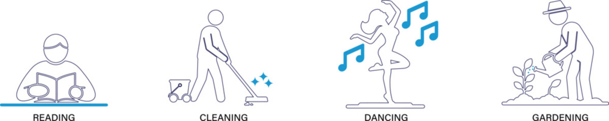 Flat vector line icons representing various human actions, movements, and daily activities.