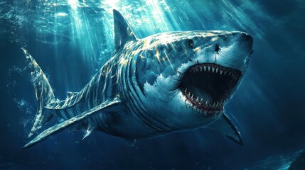 Fototapeta premium A massive, ancient shark with open jaws swims underwater, displaying sharp teeth. Sunbeams stream down
