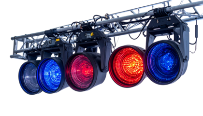 colorful Stage lighting rig spotlights isolated on solid white background Png