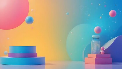 Colorful and Playful 3D Rendering of Abstract Shapes and a Medical Bottle