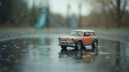 Fototapeta premium Close-up of a toy car on a wet surface with raindrops in a playground setting