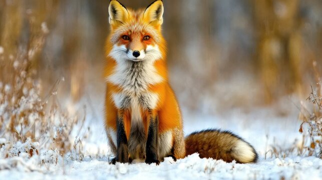 A red fox sits calmly in the snow, captured in a winter wildlife photo.