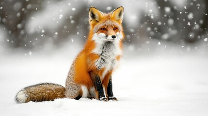 Obraz premium A red fox sits calmly in the snow, captured in a winter wildlife photo.
