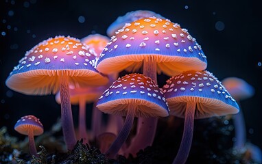 Glowing mushrooms cluster, night forest, fantasy background, nature photography