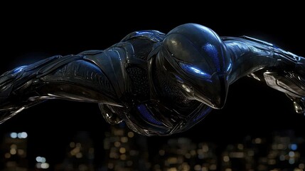 Naklejka premium A futuristic armored flying figure with glowing blue eyes in the night