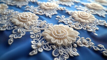 Fototapeta premium Delicate white lace flowers on a blue fabric