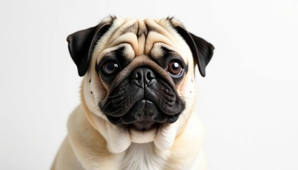 Obraz premium Solo pug, against pure white backdrop Close-up view , wrinkles, studio