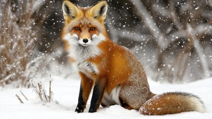 Fototapeta premium A red fox sits calmly in the snow, captured in a winter wildlife photo.