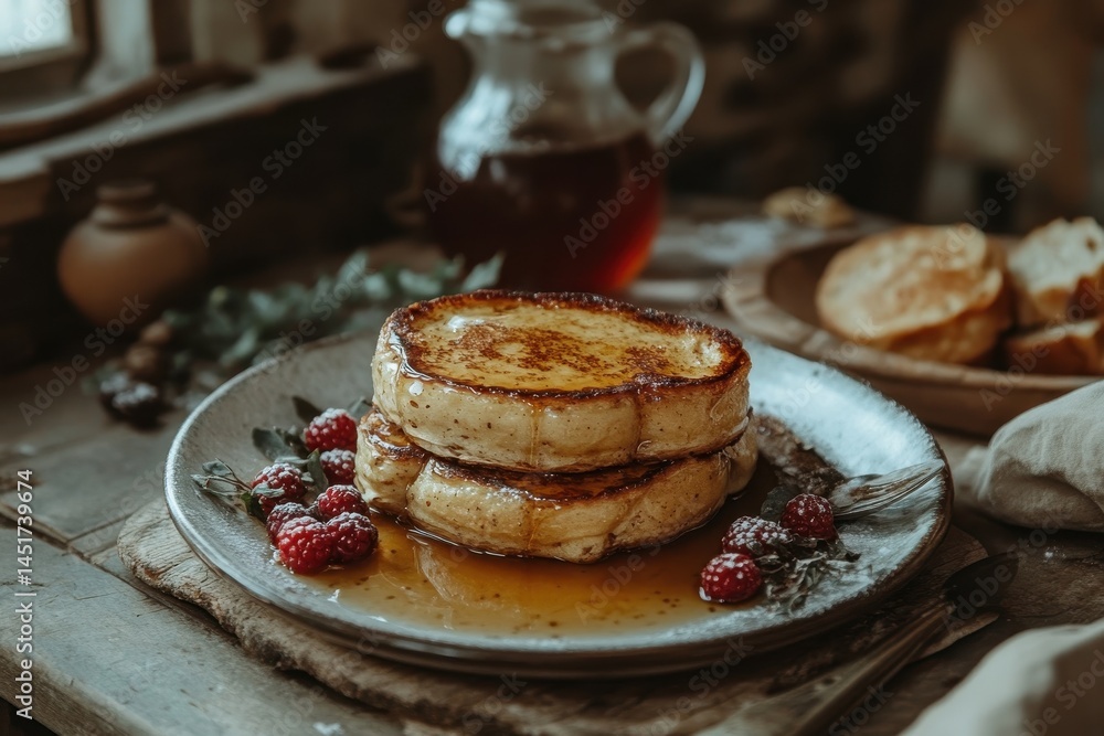 Poster stack of french toast with raspberries and maple syrup on a plate. use this image to illustrate brea